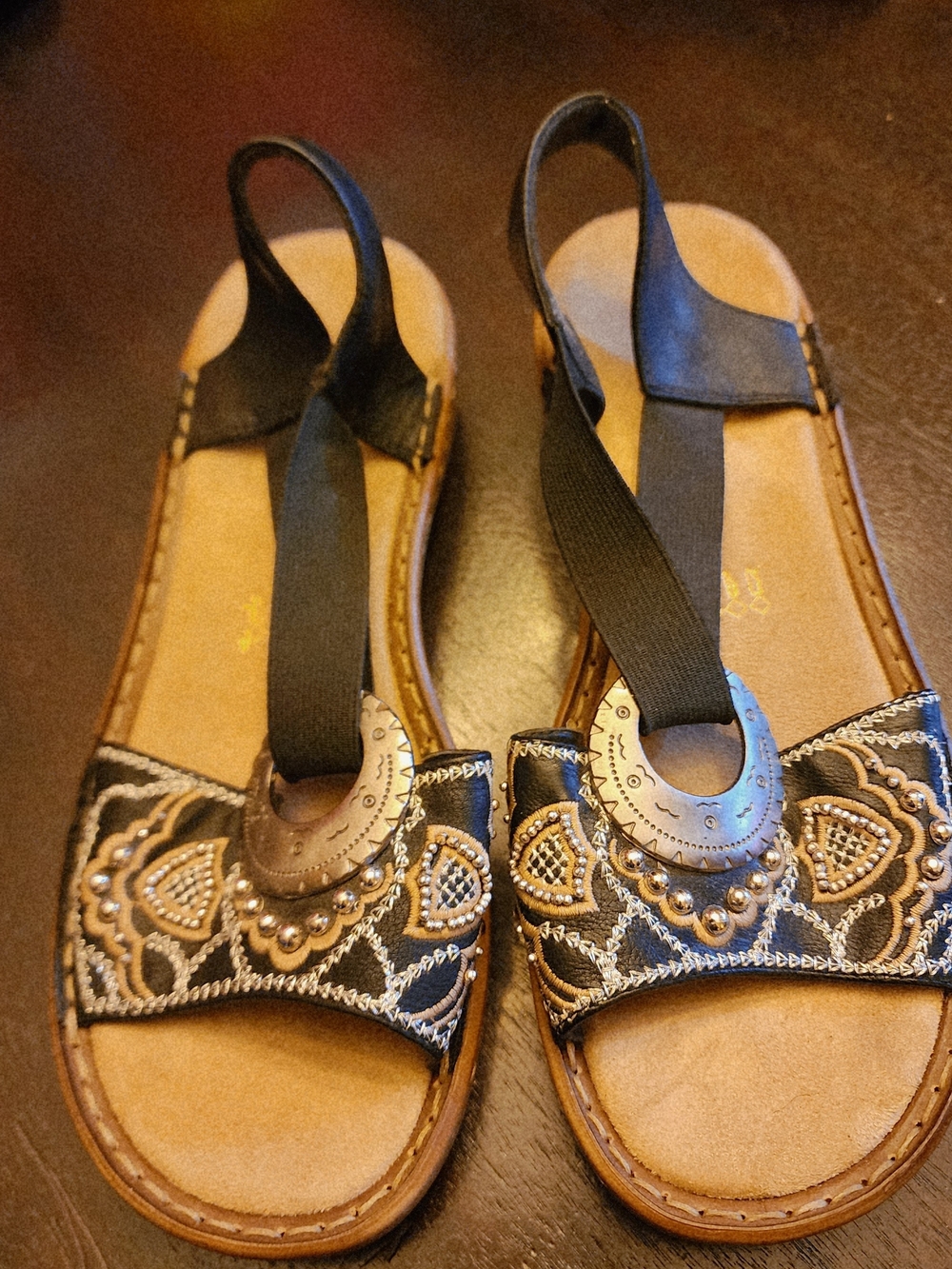 Rieker Antistress  Black and Tan Embroidered Slingback Sandals